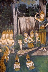 Fresco que representa una escena de la vida de Buda en Wat Phra Doi Suthep, Chiang Mai. Buda como niño. Tailandia de Unknown